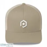 White and Khaki Mesh Trucker Cap with 3D Embroidered Icon