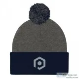 Dark Gray and Navy Blue Knit Pom Beanie with Embroidered Icon
