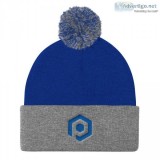 Royal Blue and Gray Knit Pom Beanie with Embroidered Icon