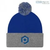 Royal Blue and Gray Knit Pom Beanie with Embroidered Icon