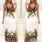 White Floral Print Pleated Backless Boho Dress