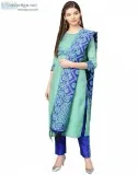 Jaipur Kurti Women Green And Blue Solid Straight Chanderi Kurta