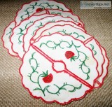 11 Vintage Slip On Drink Coasters Cloth Strawberry Design White 