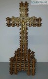 Tramp Art Wood Cross with Gold Filigree Crucifix Christ Folk Art