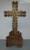 Tramp Art Wood Cross with Gold Filigree Crucifix Christ Folk Art