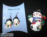 Vintage Christmas Smiling Hobo Snowman Earring and Brooch Holida