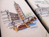 6 London Scenes Vintage Sundew Pure Linen Embroidered Tea Napkin