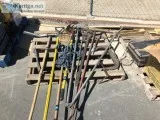 MISC. HAND TOOLS BROOM RAKE PRY BARS PIPE WRENCH HYDRANT WRENCHE