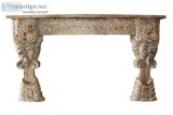 Vintage Solid Accent Hall Table RUSTIC Floral Carving Sofa Table