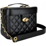 BLACK QUILTED GOLD TRUNK BAG WITH BRUSH HOLDER AND REMOVABLE SHO
