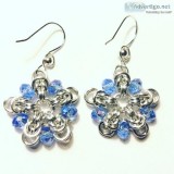 Silver and Blue Chainmaille Snowflake Earrings