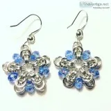 Silver and Blue Chainmaille Snowflake Earrings