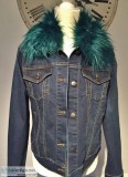 Max Jeans Denim Jacket Retro Style Removable Faux Fur Teal Colla
