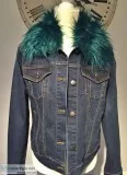 Max Jeans Denim Jacket Retro Style Removable Faux Fur Teal Colla