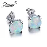 Elegant Round White Fire Opal 925 Sterling Silver Stud Earrings