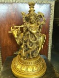 Brass Krishna Statue Playing Flute with Cow