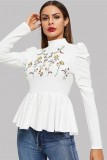 WHITE FLOWER EMBROIDERED RUFFLE LONG SLEEVES FASHIONABLE TOP