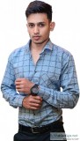 Button art Men s Cotton Light Blue Checkered Full Sleeves Casual