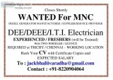 Job Opportunity at MNC to DEE and DEEE and ITI (ELECTRICIAN)