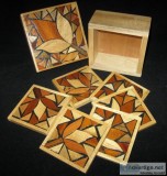 Wood Decorative Flower Square Drink Coasters Housing Case w Lid