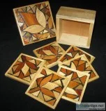 Wood Decorative Flower Square Drink Coasters Housing Case w Lid