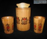 Unique Folk Art Wood Container w Lid Cups Hand Painted Flowers O