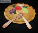 Rio Grande Woodenware Salad Fruit Bowl Fork Spoon Vintage Hand P