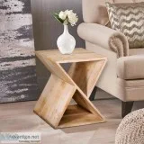 Handcrafted Mango Wood Z Shaped End Table With Open Bottom Shelf