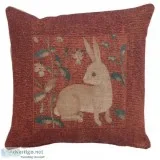SITTING RABBIT IN RED FRENCH TAPESTRY CUSHION
