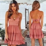 Summer Fashion Backless V-neck Beach Sleeveless Casual Women Pea