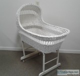 VINTAGE MID CENTURY WICKER RATTAN BASSINET W WHEELS