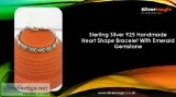Sterling Silver 925 Handmade Heart Shape Bracelet With Emerald G