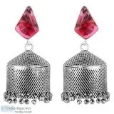 Oxidised Silver Pink Crystal Jhumka For Women
