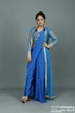 Shop Royal Blue Draped Saree with Stitched Blouse and Shrug Onli