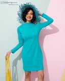 Buy Tropical Blue Plain High Neck Pocket dresses for women Onlin