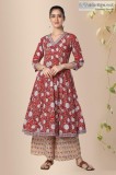Red Block Printed Anarkali Cotton Kurta - Rose Shree