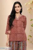 Vilasam Red Buti cotton Block Print Kurti -Rose Shree
