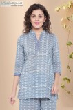 Blue Blossom Cotton Block print Top- Rose Shree