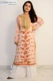 Buy hand embroidered lucknowi chikan peach and red cotton kurti