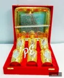 Pure brass lemon glass set in velvet gift box 6 glass & tray