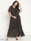 Cape Sleeve Floral Maternity Tiered Maxi Dress - Black