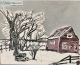 Old Winter Snow Barn and Trees Scene GG &ndash 5&rdquo x 7&rdquo