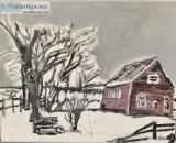 Old Winter Snow Barn and Trees Scene GG &ndash 5&rdquo x 7&rdquo