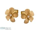 14K Yellow Gold Plumeria Earrings With 2 Diamonds