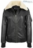 WOMENS LEATHER BOMBER JACKET BLACK REMOVABLE SHEEPSKIN COLLAR FI