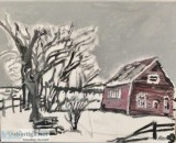 Old Winter Snow Barn and Trees Scene GG &ndash 5&rdquo x 7&rdquo