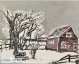Old Winter Snow Barn and Trees Scene GG &ndash 5&rdquo x 7&rdquo