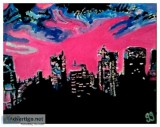 Old 80&rsquos Fall City Skyline Sunset &ndash 16&Prime x 20&Prim