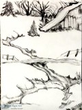 Old Winter Barn Scene With Trees 88