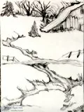 Old Winter Barn Scene With Trees 88